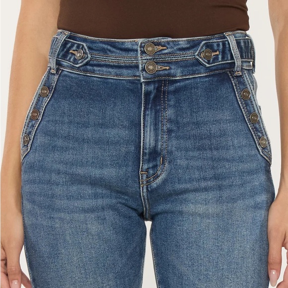 Kancan Kiery High Rise Flare Jeans Wide Hem and Button Detail on Pockets NWT - Picture 7 of 8